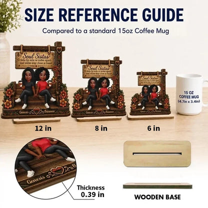 Personalized Layered Wooden Plaque, Soul Sistas Sharing Coffee on a Rustic Bench, Unique Gift for Best Friend
