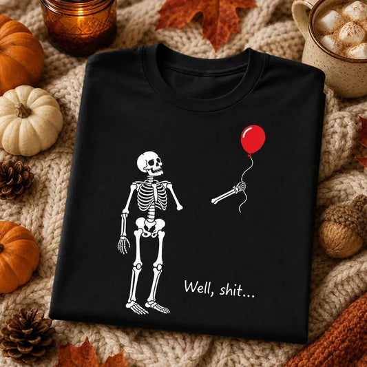 Personalized Funny Skeleton Classic Tee, Red Balloon Halloween Shirt, Unique Gift for Friends
