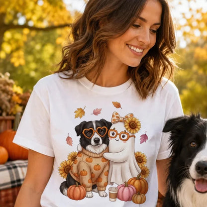 Cute Fall Dog Cat Hugging Ghost - Personalized Shirt - Trendy Fall Tee for Pet Lovers, Dog Mom, Cat 
