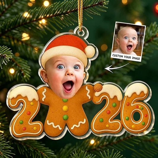 Personalized Acrylic Ornament, Joyful Baby Gingerbread Design by Christmas Tree, Unique Gift for New