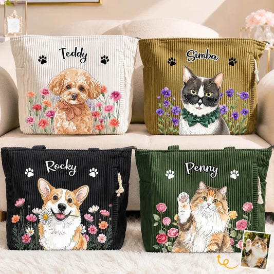 Custom Photo Corduroy Tote Bag - Personalized Birthday Gifts For Dog Cat Lovers, Dog Dad And Mom, Ca