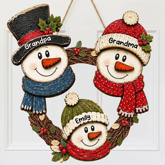 Grandpa Grandma Snowman Wreath - Personalized Wood Sign - Christmas Decoration For Porch, Window, Do