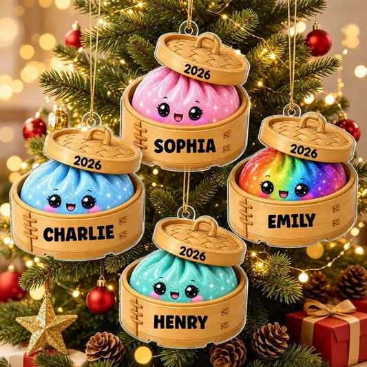 Personalized Acrylic Ornament, Cute Squishy Dumpling in Bamboo Steamer, Unique Christmas Gift for Ki