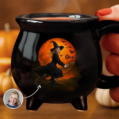 Custom Photo Witchy 12oz Ceramic Cauldron Coffee Mug - Personalized Halloween Gifts For Witch, Wife,