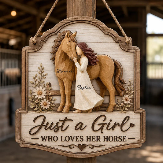 Warm Neutral Wooden Sign with Girl Nuzzling Horse, Personalized Keepsake, Creative Gift for Horse Lo