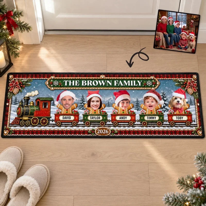 Christmas Gingerbread Family Train - Personalized Runner Rug