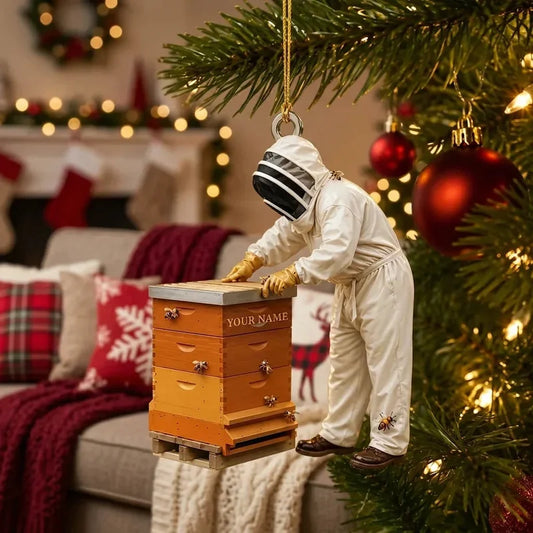 Personalized Acrylic Ornament, Beekeeper Tending a Hive, Christmas Tree Decor, Unique Gift for Bee L