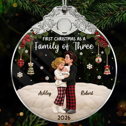 Our First Christmas As Family Of Three - Personalized Glass Ornament With Silver Cap - Christmas Tre