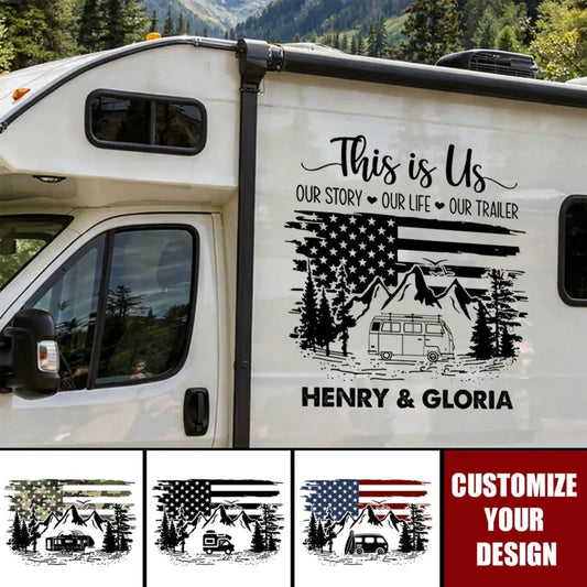 This Is Us Personalized Sticker Decal, Monochrome RV and Pine Forest Scene, Creative Gift for Campin