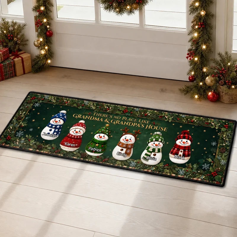 Custom Family Name Christmas Rug, Holiday Gift For Grandma Grandpa • Cozy Snowman Family - Personali