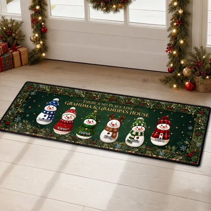 Custom Family Name Christmas Rug, Holiday Gift For Grandma Grandpa • Cozy Snowman Family - Personali