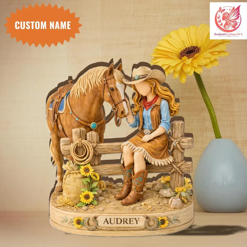 Personalized Wooden Plaque, Cowgirl Bonding with Her Horse by a Rustic Fence, Unique Equestrian Gift