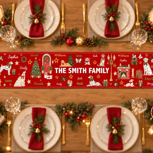 Personalized Family Christmas Table Runner, Custom Names & Family Name, Festive Holiday Dining Table