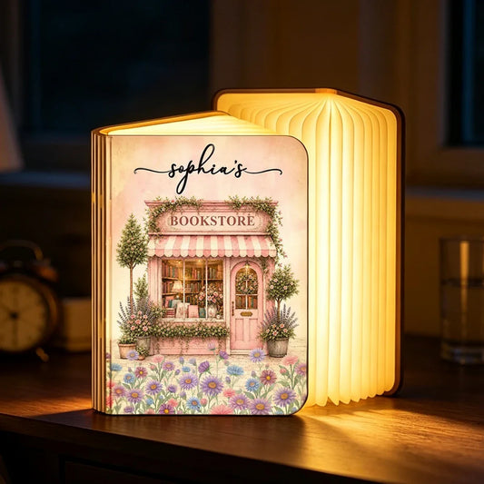 Personalized 7-Color Wood Book Lamp, Pastel Floral Bookstore Decor, Unique Gift for Book Lovers