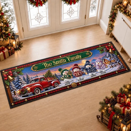 Custom Snowman Family Runner Rug - Personalized Christmas Birthday Gifts For Mom, Dad, Brother, Sist