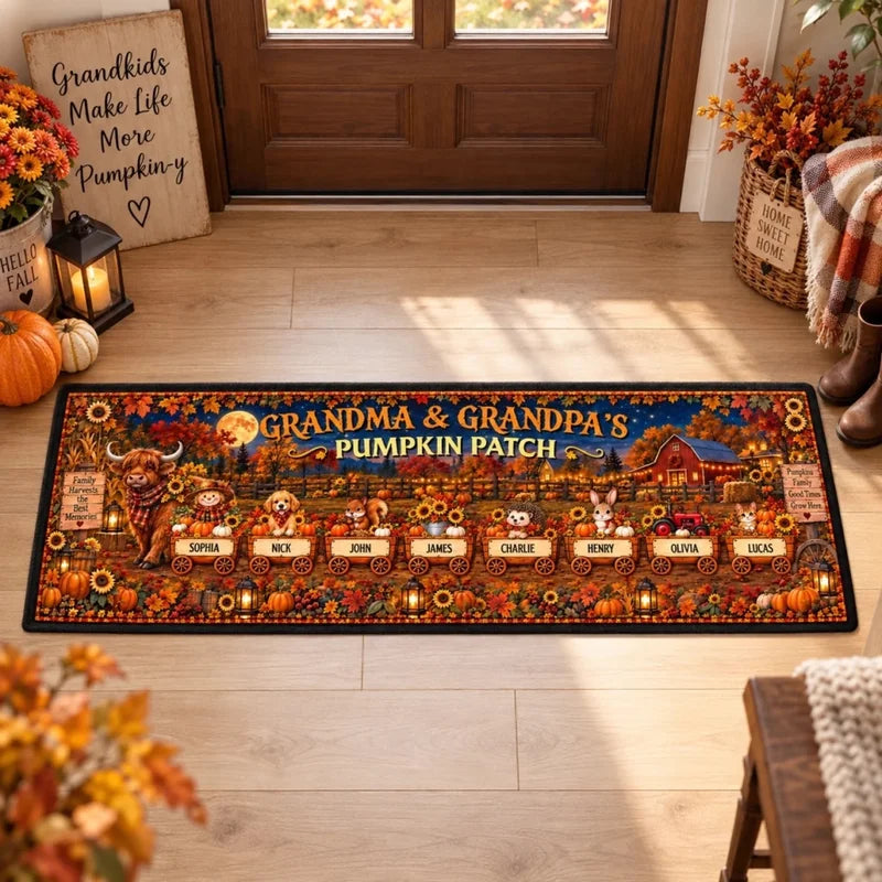 Custom Family Name Rug, Housewarming Birthday Gift For Grandma Grandparents • Family Grows In Pumpki