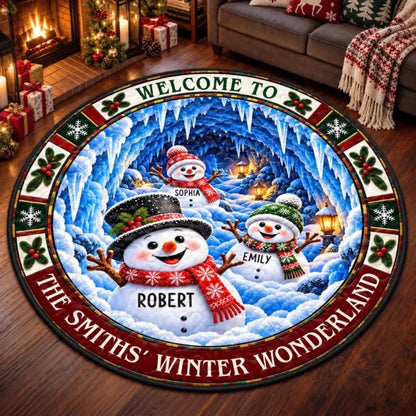 Personalized Joyful Snowman Family Round Mat