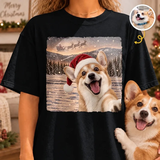 Custom Photo Funny Dog Selfie With Santa Comfort T-Shirt - Personalized Christmas Birthday Gifts For