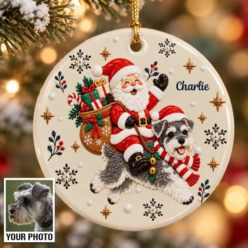 Santa On Dog's Back Upload Pet Photo 2D Flat Printed - Personalized Ceramic Ornament - Christmas Tre