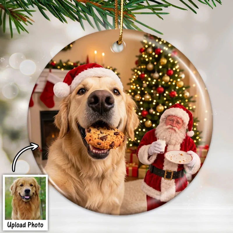 Dog Steal Cookie From Santa Upload Pet Photo - Personalized Ceramic Ornament - Funny Gift For Dog Lo