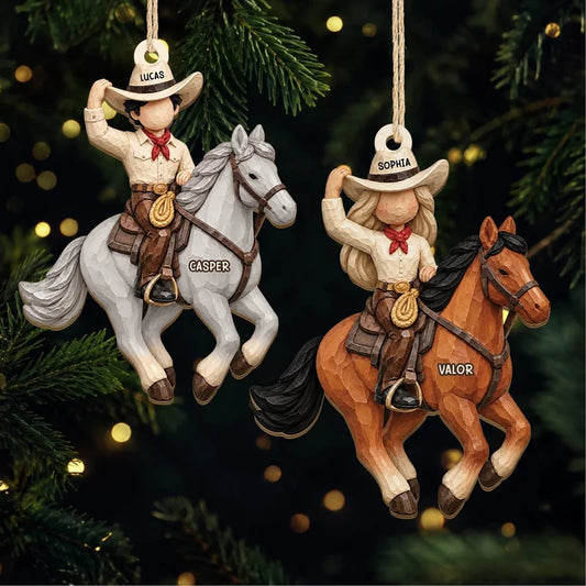Personalized Cowboy & Cowgirl Horse Wooden Ornament for Kids and Horse Lovers - Custom Christmas Kee
