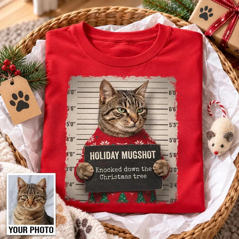 Funny Pet Holiday Mugshot Upload Pet Photo - Personalized Shirt - Iconic Christmas Gift For Pet Love