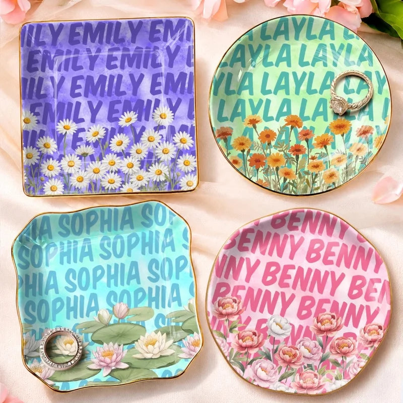 Custom Name Floral Gifts for Women - Personalized Jewelry Dish