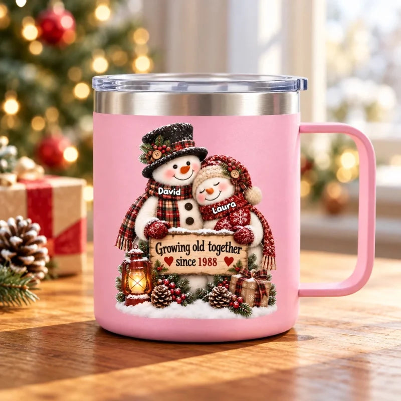 Snowman Couple Hugging Growing Old Together - Personalized Stainless Steel Tumbler With Handle - Hea