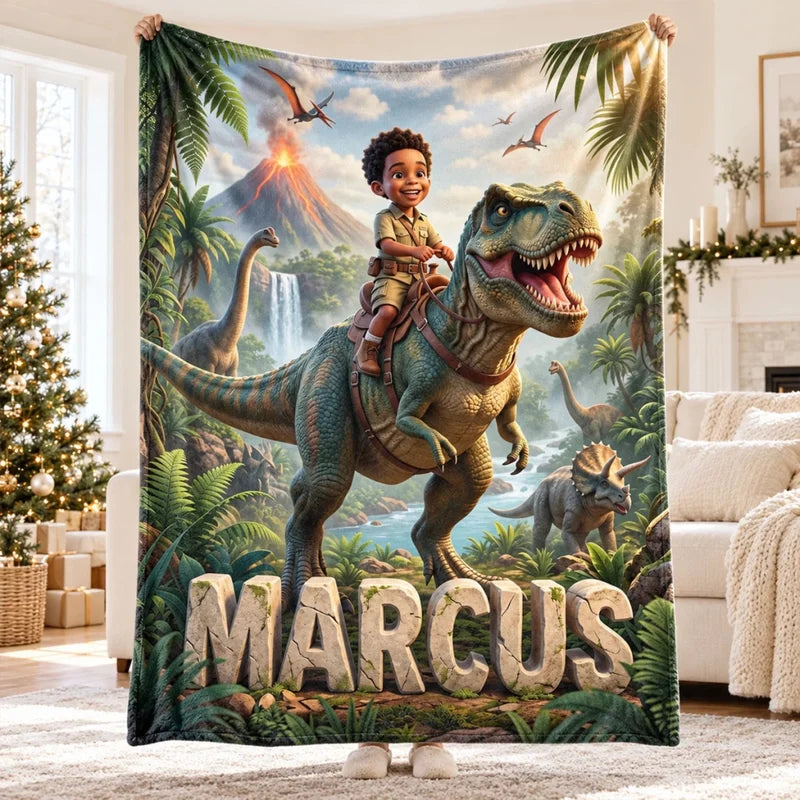 Kid Riding Dinosaur Custom Portrait from Photo - Personalized Fleece Blanket - Christmas Gift for So