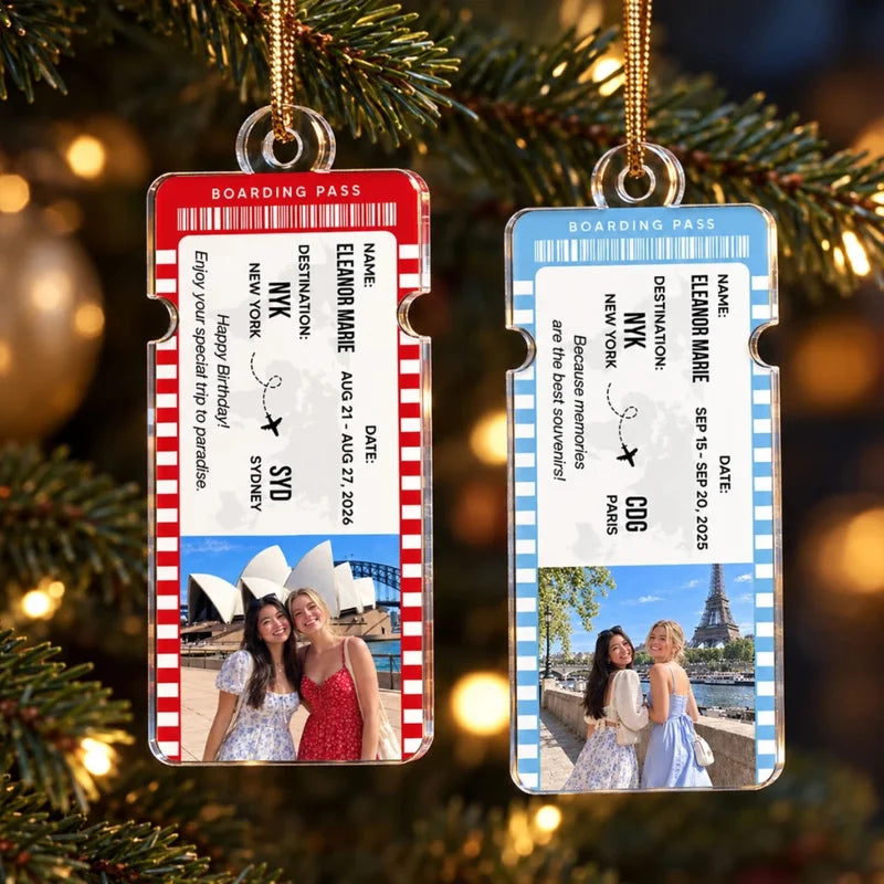 Travel Ticket Photo Keepsake - Personalized Acrylic Ornament - Gift for Best Friends, Couples & Trav