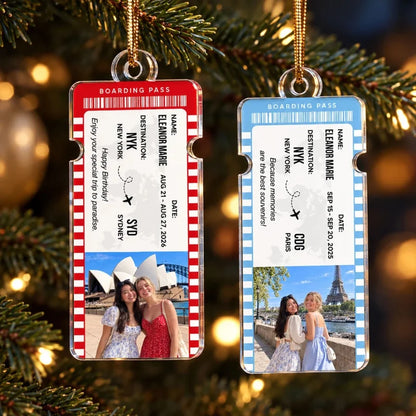 Travel Ticket Photo Keepsake - Personalized Acrylic Ornament - Gift for Best Friends, Couples & Trav