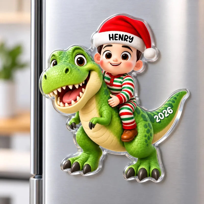Trending Kid With Dinosaur Design For Boy Girl - Personalized Acrylic Fridge Magnet - Christmas Gift