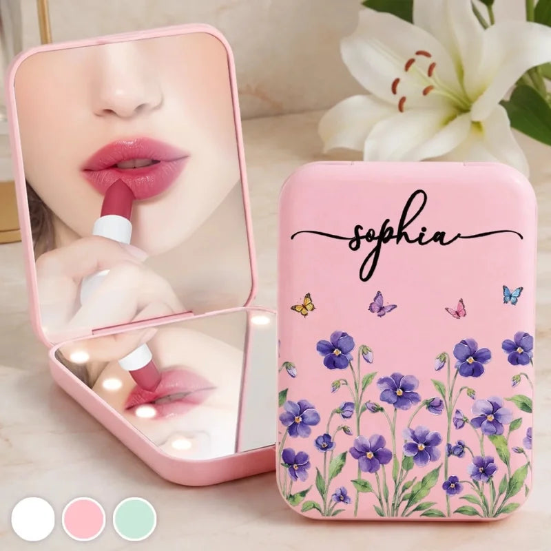 Custom Name Floral Butterfly Beauty Gifts for Women - Personalized Compact Makeup Mirror