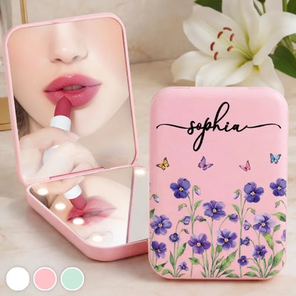 Custom Name Floral Butterfly Beauty Gifts for Women - Personalized Compact Makeup Mirror