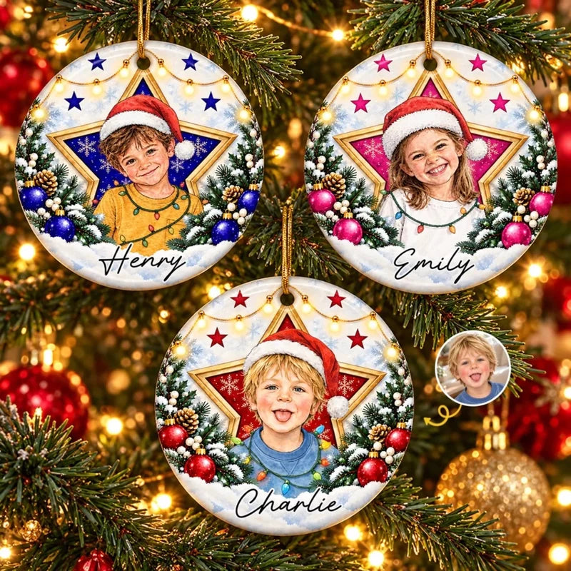 Custom Photo Star Christmas Keepsake for Kids - Personalized Ceramic Ornament