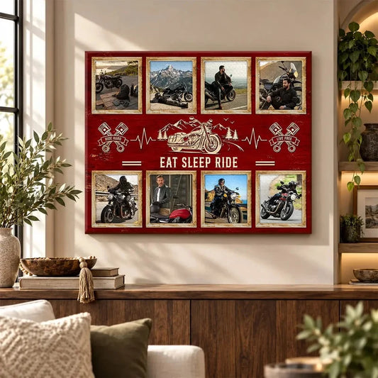 "Eat Sleep Ride" Personalized Biker Photo Collage Canvas / Poster - Wall Art for Motorcycle Enthusia