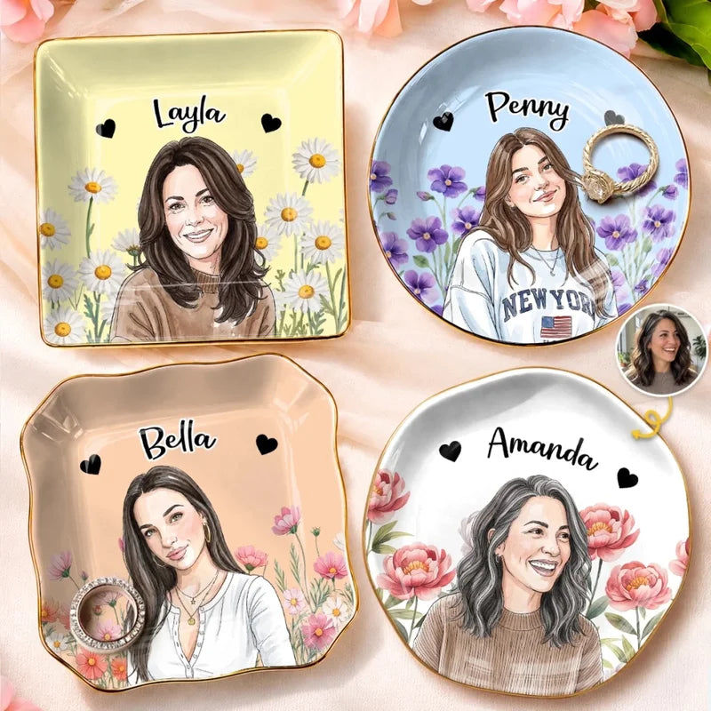 Custom Photo Name Floral Portrait Gifts for Women - Personalized Jewelry Dish