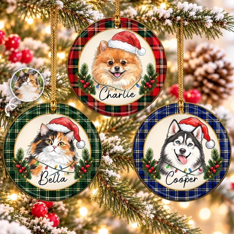 Custom Pet Photo Tartan Christmas Gifts For Cat And Dog Lovers - Personalized Ceramic Ornament