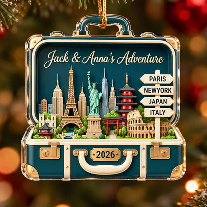 Custom Travel Adventure Suitcase 2D Flat Printed - Personalized Acrylic Ornament - Traveling Destina