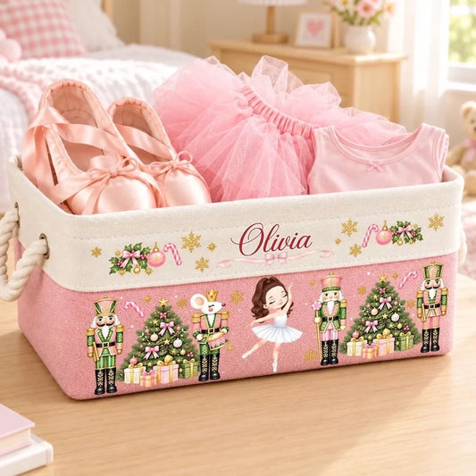 Custom Name Pink Ballerina Nutcracker Christmas Gifts for Girls - Personalized Storage Basket