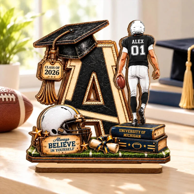 Football Graduation Custom Initial - Personalized 2-Layered Wooden Plaque - Class of 2026 Senior Gif