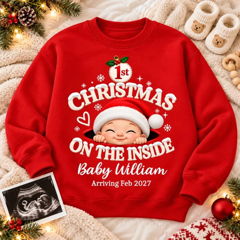 1st Christmas On The Inside Baby - Personalized Shirt - Christmas Pregnancy Announcement Gift For Mo