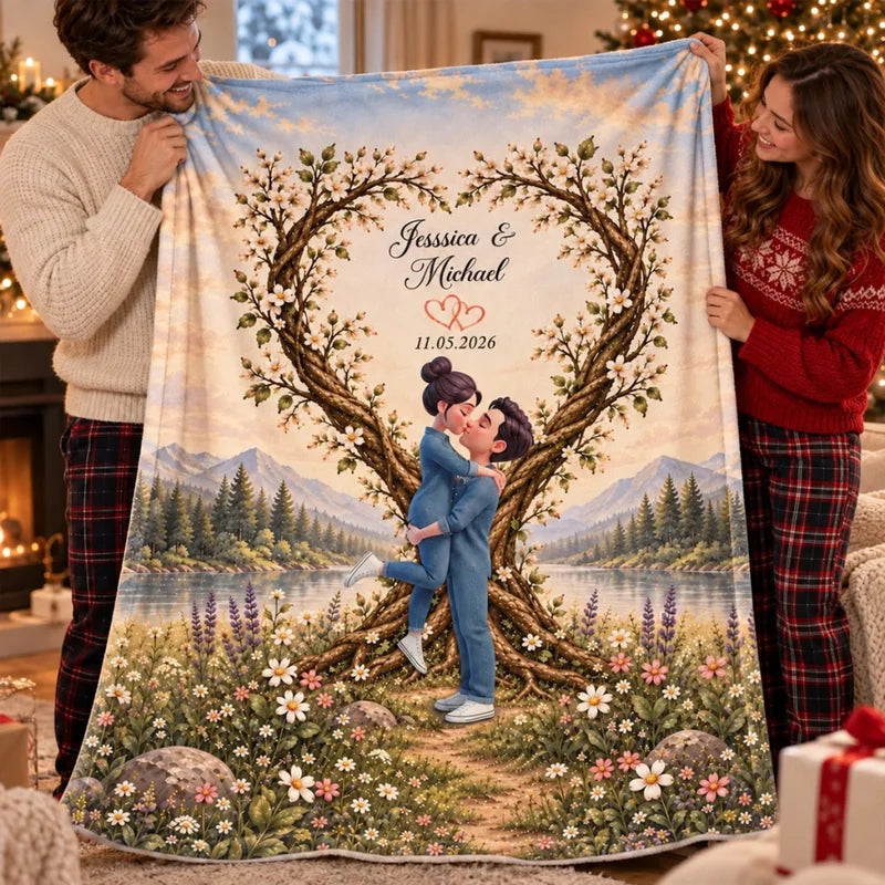 Couple Kissing Under Heart Tree - Personalized Fleece Blanket - Heartfelt Anniversary Christmas Gift