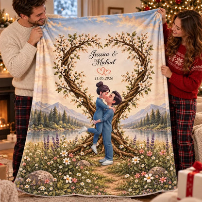 Couple Kissing Under Heart Tree - Personalized Fleece Blanket - Heartfelt Anniversary Christmas Gift