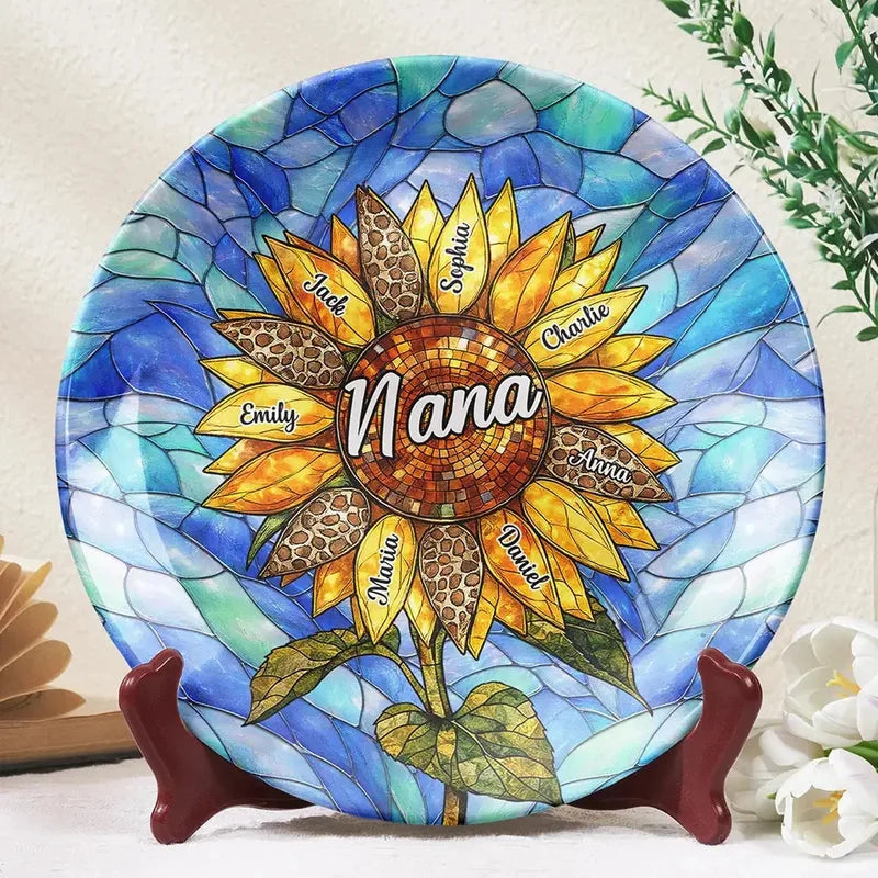 Sunflower Stained Glass Personalized Ceramic Plate - Keepsake Gift for Mom & Grandma