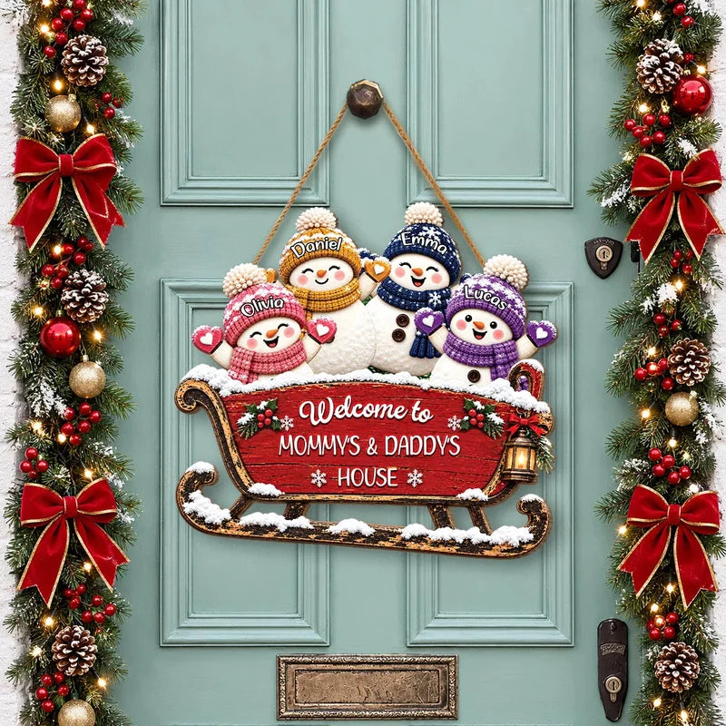 Welcome To Grandma & Grandpa's House Personalized Wood Sign - Custom Christmas Snowman Sleigh Door H