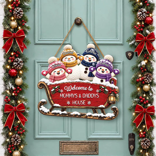 Welcome To Grandma & Grandpa's House Personalized Wood Sign - Custom Christmas Snowman Sleigh Door H