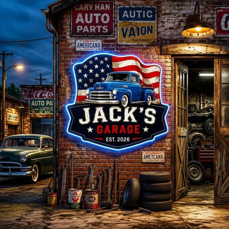 Shaped Metal Sign with Vintage Truck & American Flag, Personalized Garage Keepsake, Creative Gift fo