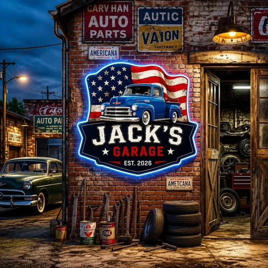 Shaped Metal Sign with Vintage Truck & American Flag, Personalized Garage Keepsake, Creative Gift fo