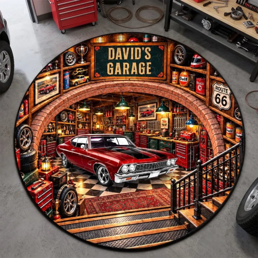 Custom Photo Classic Car Garage Decor - Personalized Quilted Round Mat
